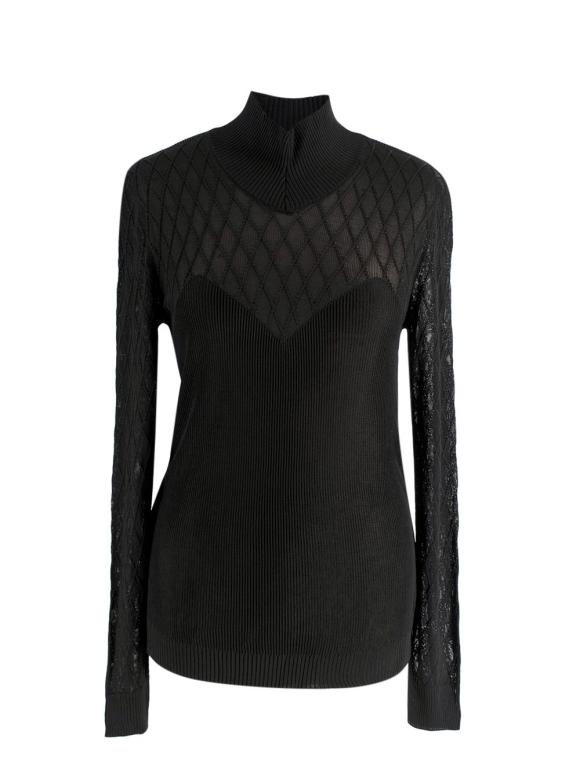 Paco Rabanne Black Semi Sheer Turtleneck Lightweight Knit