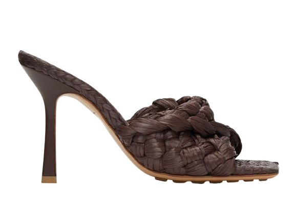 Bottega Veneta Brown Rafia Intrecciato Stretch Heeled Mules