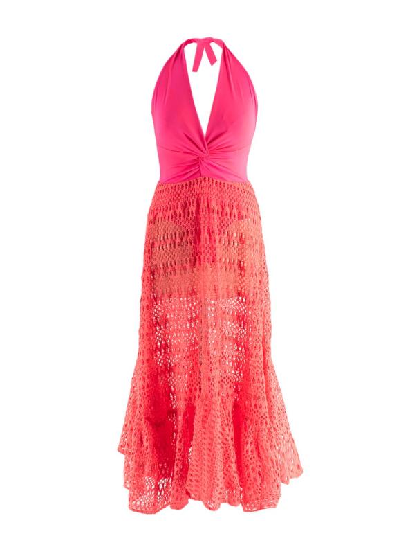 PatBO Neon Coral Halter Crochet Beach Dress