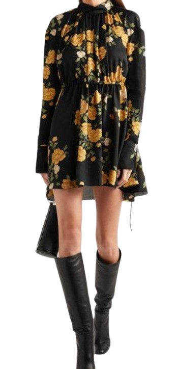 Magda Butrym Black Yellow Florals Silk Mini Dress