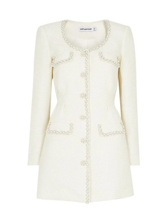Self Portrait Cream Tweed Faux Pearl Embellished Mini Dress