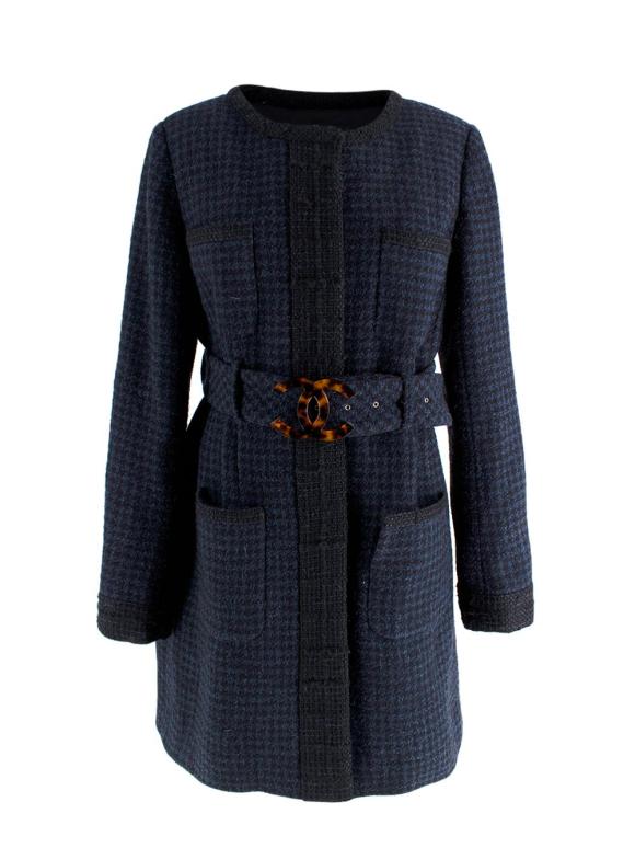 Chanel Navy Houndstooth Belted Wool Jacket