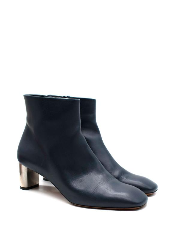 Celine Navy Leather Silver Brushed Heel Ankle Boot