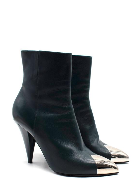 Celine Dark Emerald Metal Toe Cap Leather Ankle Boots