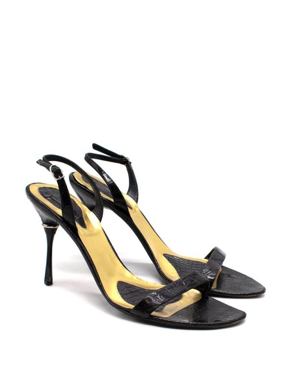 Bottega Veneta Black Croc Embossed Ankle Strap Sandals