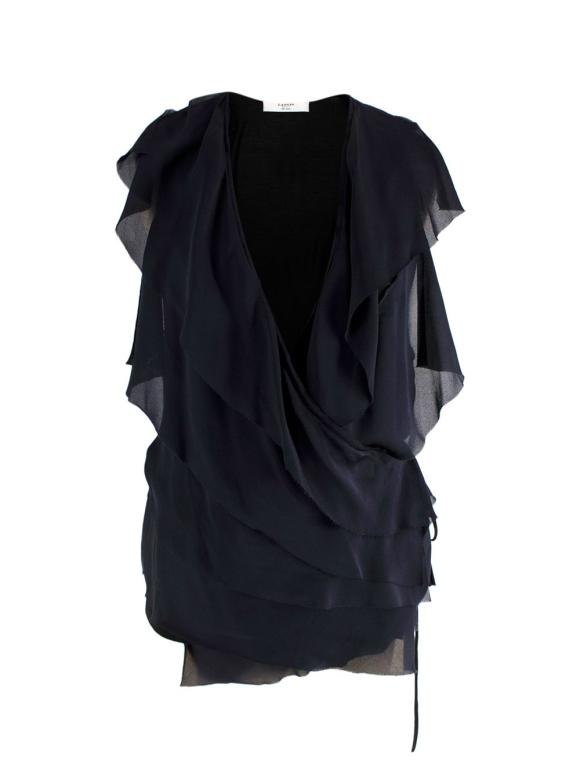 Lanvin Black and Navy Wrap Blouse with Frill Detail