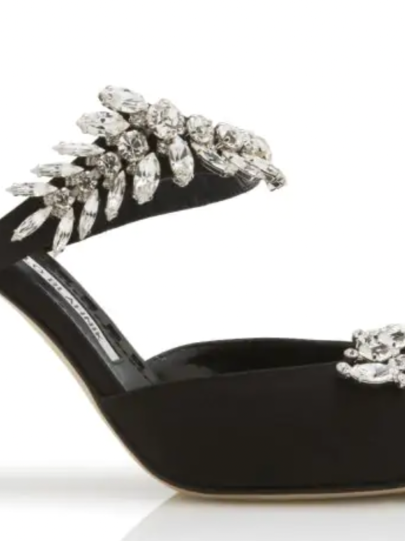 Manolo Blahnik Black Satin Crystal Embellished Mules