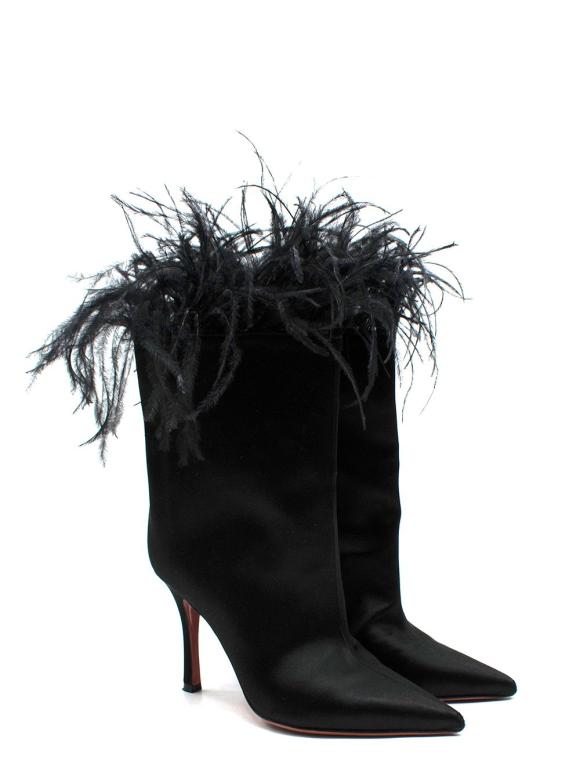Amina Muaddi Black Satin Boots with Feather Detailing