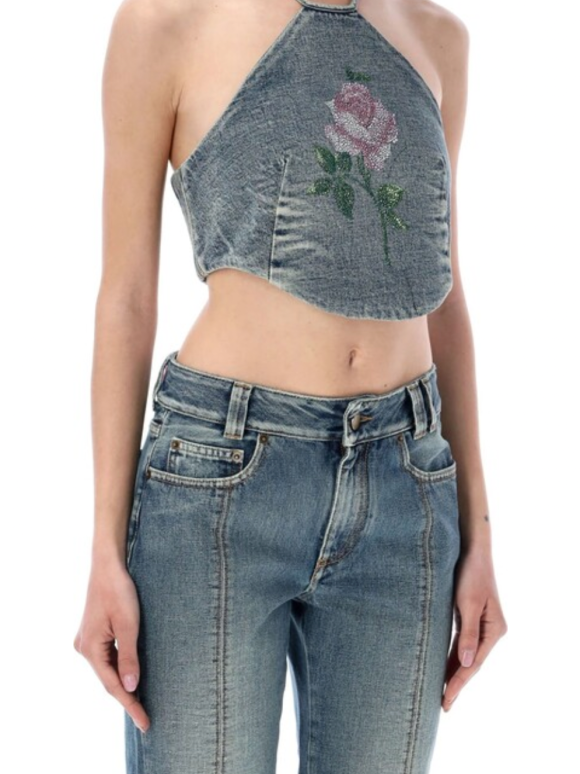 Alessandra Rich Embellished Rose Denim Halterneck Top & Jeans Set