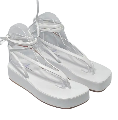 Amina Muaddi White Leather Tie Sandals