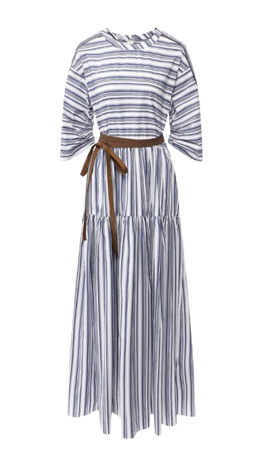 Brunello Cucinelli Striped  Cotton Tie Waist Maxi Dress