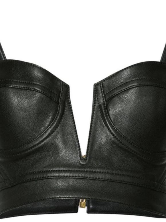Balmain Black Leather Cropped Bra Top