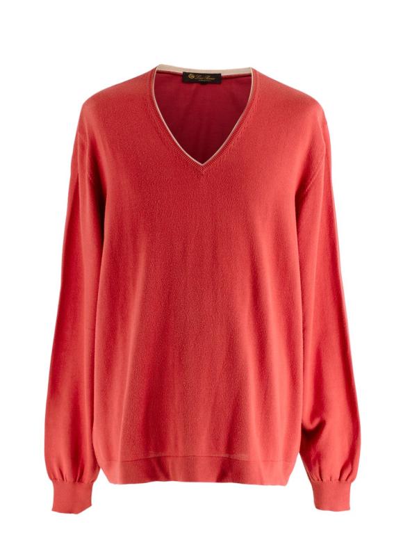 Loro Piana Red V Neck Long Sleeve Cotton Knit Jumper