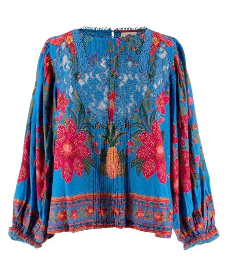 Farm Rio Blue Printed Lace Detail Blouse
