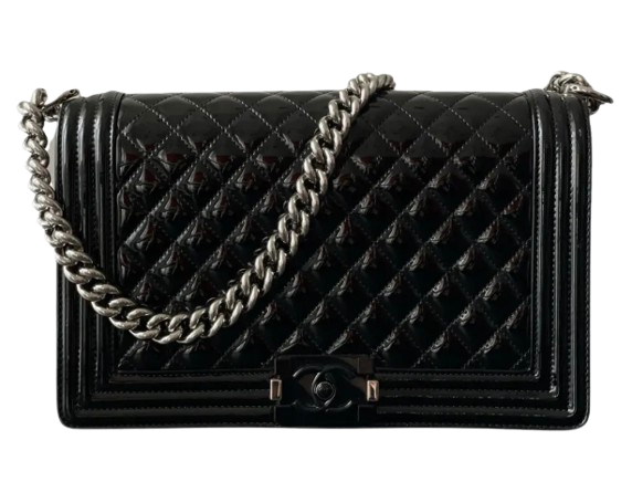 Chanel Black Patent Quilted Boy Bag