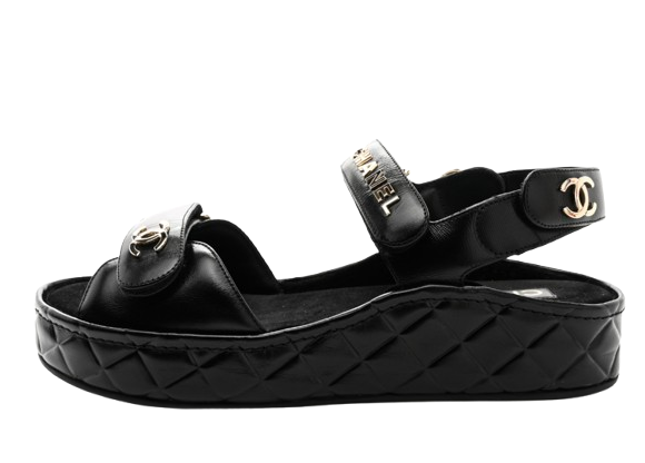 Chanel Black Leather Wedge Sandals