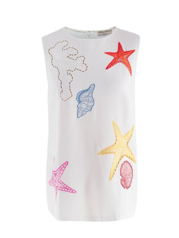 Emilio Pucci  Embroidered White Crepe Sleeveless Blouse