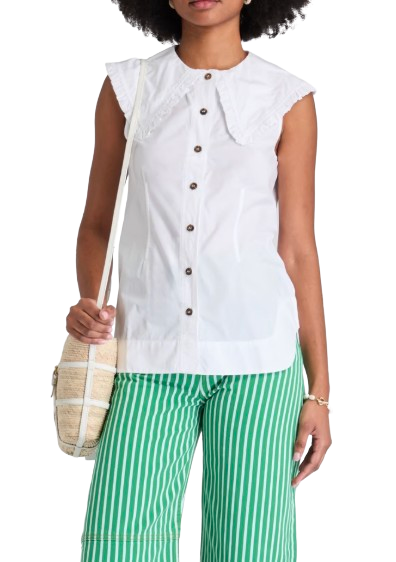 Ganni White Sleeveless Shirt with Oversized Frill Collar