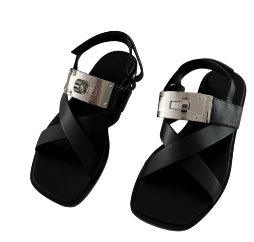 Hermes Oversized Kelly Buckle Black Sandals