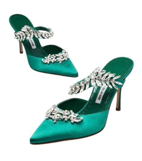 Manolo Blahnik Embellished Green Satin Mules