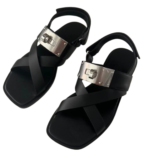 Hermes Black Leather Ines Sandals
