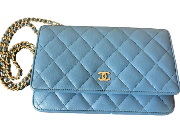 Chanel Blue Quilted Lambskin Wallet On A Chain