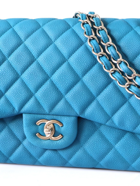 Chanel Bright Blue Double Flap Bag With Silver Hardware