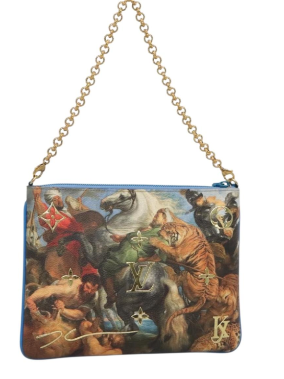 Limited Edition Louis Vuitton x Jeff Koons Masters Collection Pochette – “Tiger Hunt” Print with Gold Chain Strap