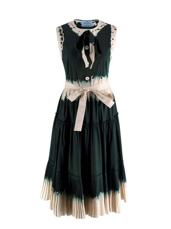 Prada Emerald Green Dip Dye Midi Dress with Pleated Skirt
