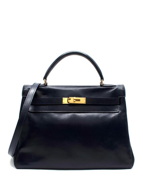 Hermes Navy Box Kelly 32 with Gold Hardware With Spa Receipt