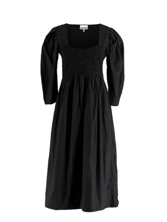 Ganni Black Cotton Poplin Open Neck Smock Midi Dress