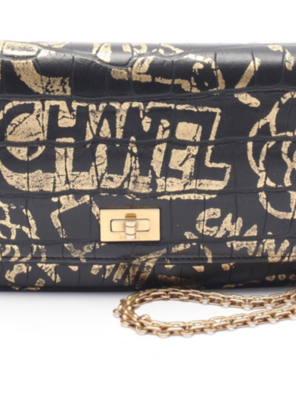 Chanel Pre-Fall 2019 Crocodile Embossed Calfskin Black and Gold Graffiti Bag with Gold Chain