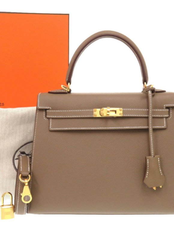 Hermes HERMÈS  Epsom Kelly 25 Etoupe with White Contrast Stitching and Gold Hardware