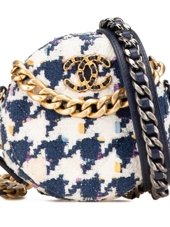 Chanel Navy and White 2020 Tweed 19 Round Clutch With Chain