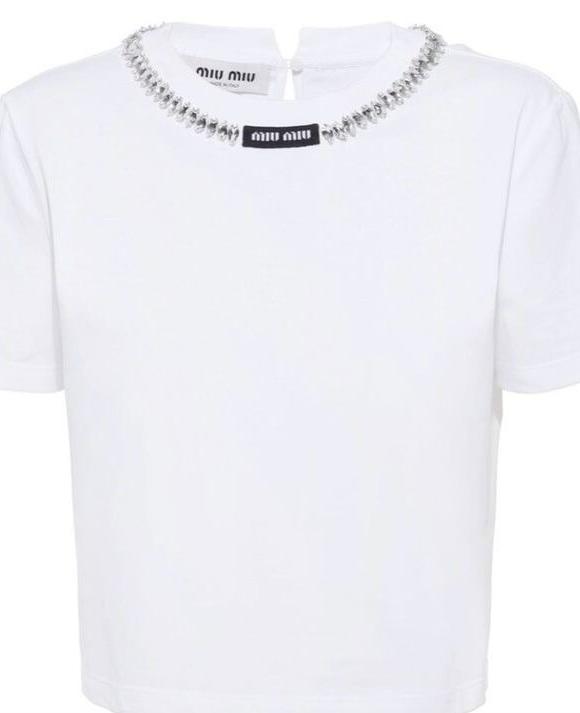 Miu Miu White Crystal Embellished T-Shirt