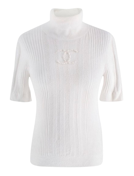 Chanel Faux Pearly and Crystal CC  Short Sleeved Ribbed Knit Top