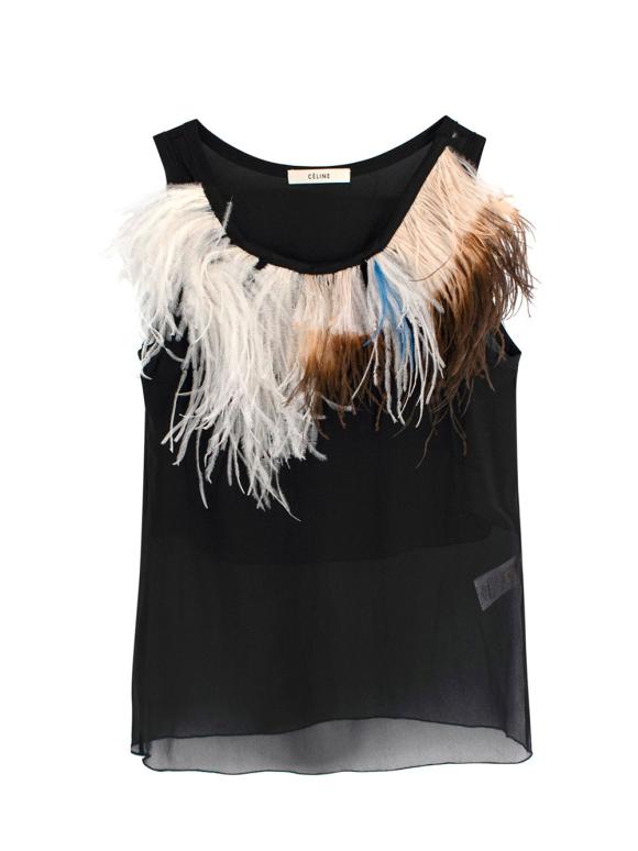 Celine Black Silk Tank Top with Ostrich Feather Trim Sheer Top