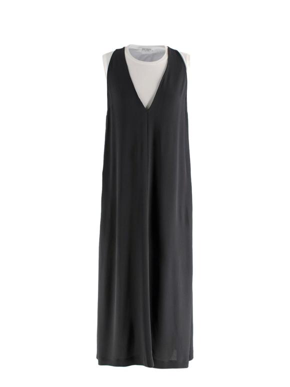 Brunello Cucinelli Double Layer White and Grey Crepe Dress