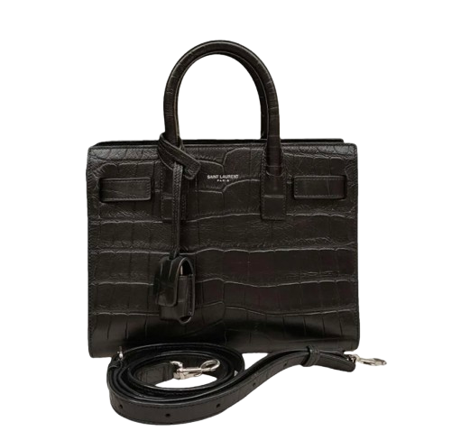 Saint Laurent Small Black Croc Embossed Sac De Jour Bag