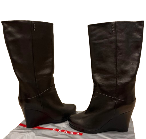 Prada Black Leather Eddy Wedge Boots