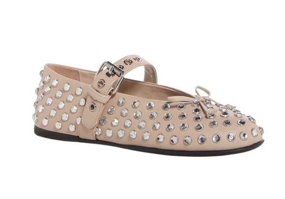 Miu Miu Nude Leather Crystal Studded Ballerina Flats