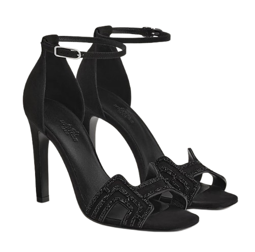Hermes Black Suede Joy 105 Rhinestone Ankle Strap Pumps  37.5