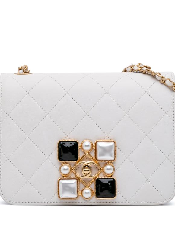 Chanel White Small CC Quilted Calfskin Crystal Pearl Full Flap