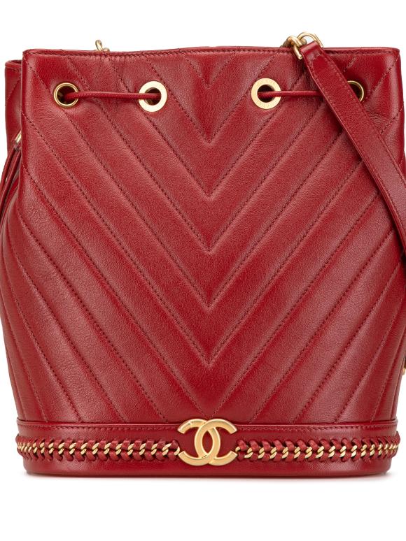 Chanel Red Lambskin Paris Cosmopolite Medium Chevron Bucket Bag