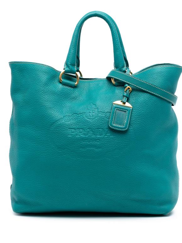 Prada Teal Vitello Daino Canapa Logo Open Convertible Tote