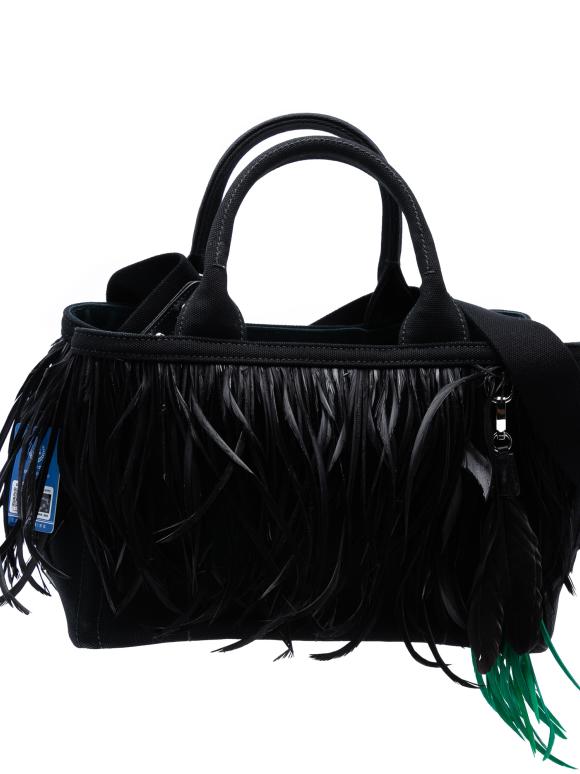 Prada Black Small Feather Trimmed Canvas Canapa Satchel