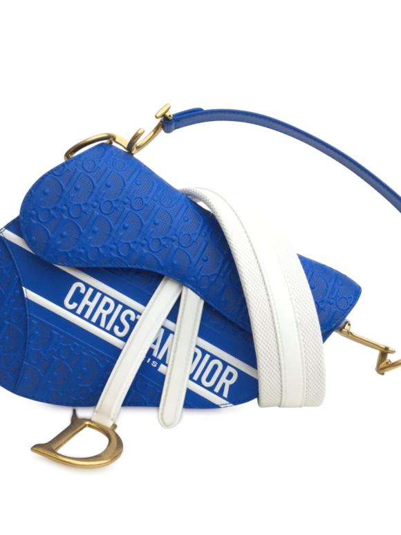 Dior Blue Perforated Oblique Embossed Calfskin Saddle Bag