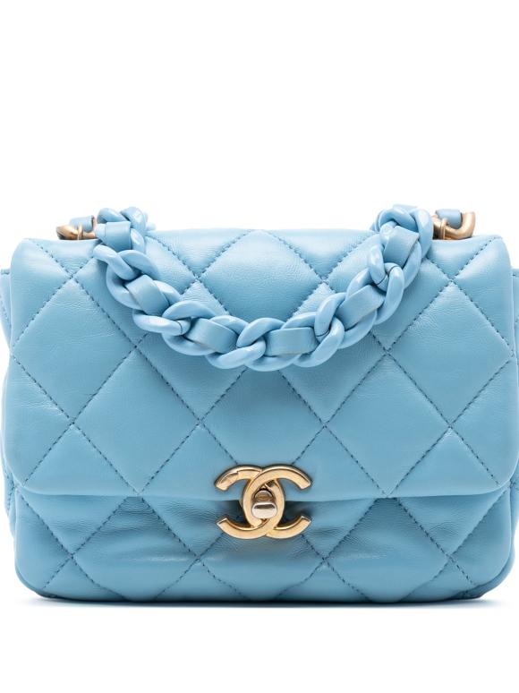 Chanel Blue Mini Quilted Lambskin Lacquered Chain Flap