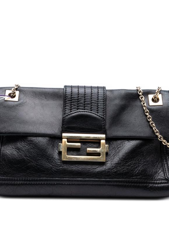 Fendi Black Leather Baguette Chain Flap Crossbody