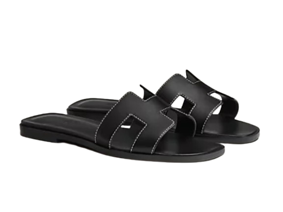 Hermes Black Leather Oran Sandals